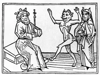 Der Prozess gegen Belial: „Der Dämon Belial tanzt vor dem Richter Salomo“. Stich aus „Der Prozess gegen Belial“ von Jacobus de Teramo (oder Palladino), Augsburg