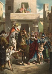 Der Triumph von Mardocheus (oder Mordechai), biblische Figur (5. Jahrhundert v. Chr.). In „El Culto de la Hermosura“ von Juan Justo Huguet, Molinas Hermanos editores