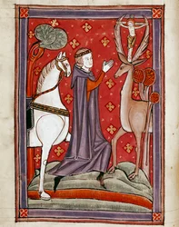 Die Vision des heiligen Eustachius. Heiliger Eustachius vor einem Hirsch mit einem Bild des gekreuzigten Christus zwischen seinen Geweihen. Miniatur aus einem Manuskript des 13. Jahrhunderts