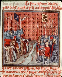 Die Waffen von Philipp IV. dem Schönen (1268-1314) am Ufer eines Flusses treffen auf eine feindliche Miniaturarmee aus „Die großen Chroniken von Frankreich“ 14. Jahrhundert Chantilly, Musée Condé