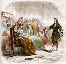 Der Schriftsteller Georges de Scudéry (1598-1667) während eines literarischen Salons, organisiert von seiner Schwester Madeleine de Scudéry, im Jahr 1650. Gravur aus 1860-1861