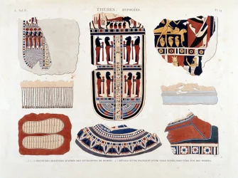 Theben, Hypogäen: 1.2.3.6.7.8. Malereien von Mumienhüllen 4.5. Details einer Fransen und einer gestreiften Leinwand, gefunden auf Mumien - in „Beschreibung von Ägypten“ 1809, Antiquitäten Bd. 2 Pl. 112