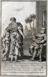 Theodosius I., römischer Kaiser, möchte, dass seine beiden Söhne, Arcadius und Honorius, aufstehen, um den Lektionen ihres Lehrers zuzuhören. 4. Jahrhundert. Gravur in „Beaute de l