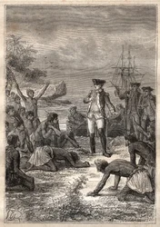 Dritte Reise (1776-1779) von Kapitän James Cook (1728-1779): Cook wird von den Eingeborenen (Hawaii) begrüßt - Illustration aus „Die großen Seefahrer des 18. Jahrhunderts“
