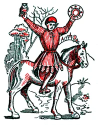 Bis der Spion auf ein Pferd steigt und seine Fetischobjekte brandmarkt: eine Eule und ein Spiegel (Gravur)