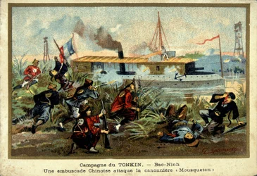 Tonkin-Kampagne: in Bac-Ninh greift ein chinesischer Hinterhalt das Kanonenboot „Carabiner“ an - Chromolithographie, Ende des 19. Jahrhunderts