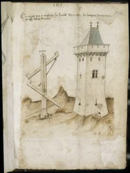 Turmmessgerät - Manuskript: Pergamentblatt aus einem Ingenieurshandbuch für den Bau ziviler, religiöser und militärischer Gebäude, anonym, spätes 15. Jahrhundert (Figur in chinesischer Tinte)