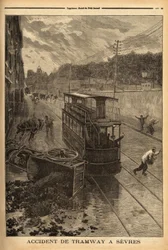 Straßenbahnunfall in Sèvres, Sachschaden aber keine Verletzungen. Gravur in „Le petit journal“ 24/01/1897. Selva-Sammlung