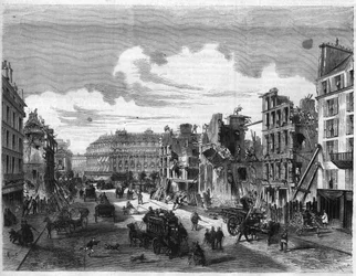 Transformationen von Paris unter dem Zweiten Kaiserreich, Paris Haussmann: Abriss der Rue de la Paix für die Eröffnung der Rue Réaumur. Gravur in „Das Illustrierte Universum“