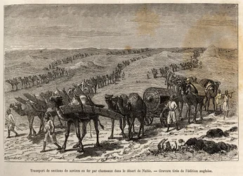 Transport von Eisenschiffteilen durch Kamele in der Wüste von Nubien (Sudan), Gravur zur Illustration einer bewaffneten Expedition in Zentralafrika zur Unterdrückung des Schwarzhandels