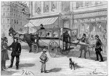 Transport einer verletzten Person in einem Wagen der Pariser Ambulanz. Gravur in „La Nature. Revue der Wissenschaften und ihrer Anwendungen auf die Künste und die Industrie“