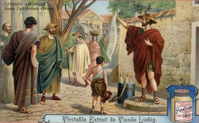 Reisender Buchhändler im antiken Griechenland. Chromolithographie, Liebig-Bild.