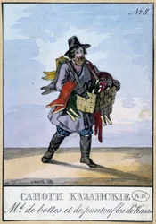 Reisender Händler von Stiefeln und Pantoffeln bei Kasan - Gravur des 19. Jahrhunderts