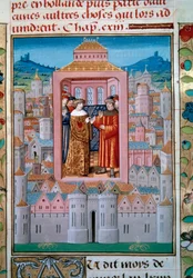 Vertrag von Conflans am 5.10.1465 zwischen König Ludwig XI. und Karl von Charolais. Miniatur aus „Les chroniques de Monstrelet“ von Enguerrand de Monstrelet, 15. Jahrhundert