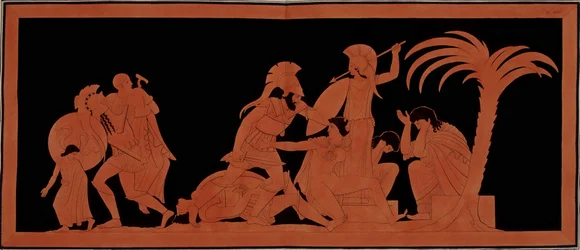 Trojanischer Krieg: Ilions letzte Nacht - linke Gruppe: Aeneas trägt seinen alten Vater Anchises in seinen Armen, der junge Ascanius geht vor seinem Vater - mittlere Gruppe: Kassandra zu Füßen einer Göttin kann die Kühnheit von Ajax, der Conoebus (ihren Ge