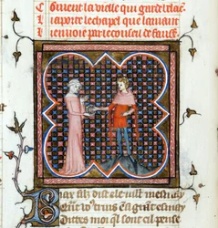 „Ein junger Mann und eine alte Frau“ Illustrierte Seite aus dem Manuskript „Le Roman de la Rose“ von Guillaume de Lorris (ca. 1200-1238) und Jean de Meun (1240-1305) um 1353, Schweiz, Bibliothek von Genf