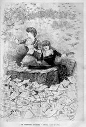 Valentinstag (Valentinstag) 14. Februar: Englische Valentins schreiben und erhalten Liebesbriefe von ihren Valentins. Gravur in „Le Monde illustré“ 1883. Private Sammlung.