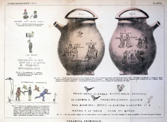 Verschiedene Illustrationen und Inschriften, die von Kriminellen auf Keramikvasen hinterlassen wurden: Studie von Cesare Lombroso (1835-1909), italienischer Kriminologe in „Der kriminelle Mensch“ (L