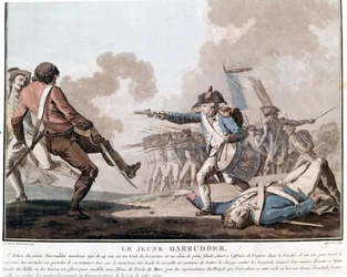 Aufstand in der Vendée: der junge Darruder. Dies ist ein Beispiel patriotischen Heldentums, denn Darruder war ein 14-jähriger Junge, der die Waffe seines tot daliegenden Vaters ergriff, um dessen Mörder zu töten und den Kampf fortzusetzen. 1793.