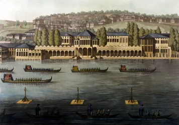 Ansicht von Konstantinopel, eine der Residenzen des Sultans am Bosporus. 19. Jahrhundert.