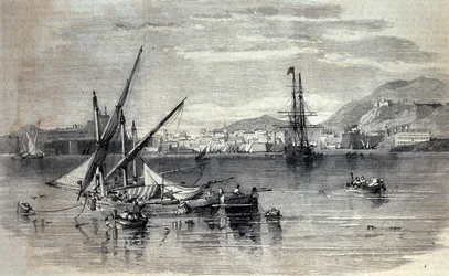 Ansicht von Korfu in Griechenland von der Insel Vido. Gravur aus dem frühen 19. Jahrhundert