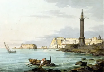 Blick auf Neapel vom Hafen aus. Links steht das Castel dell