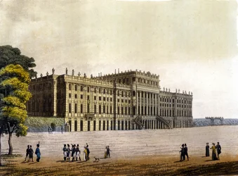 Ansicht des Schlosses Schönbrunn, ehemalige Residenz der österreichischen Kaiserfamilie, Wien, Österreich, Gravur um 1830