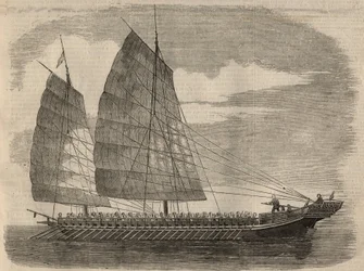 Ansicht eines chinesischen Piratenschiffs in Kanton. Gravur in „The Illustrated London News“ vom 31. Januar.
