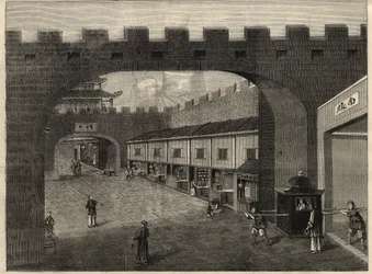 Ansicht einer Straße in den Stadtmauern von Guangzhou, China. Gravur in „The Illustrated London News“ vom 14. Februar 1857.