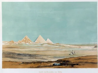 Ansicht der Pyramiden von Gizeh, Ägypten. Illustration des 19. Jahrhunderts Paris, Collège de France
