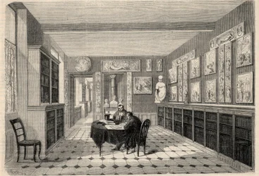 Ansicht der Victor-Cousin-Bibliothek an der Sorbonne-Universität in Paris. Gravur in „L
