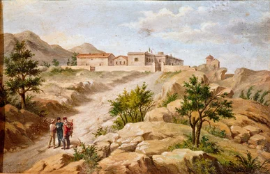 Ansicht des Hauses des italienischen Patrioten und Helden des Risorgimento Giuseppe Garibaldi (1807-1882) in Caprera (Sardinien) Garibaldi ist mit zwei Bauern links im Bild