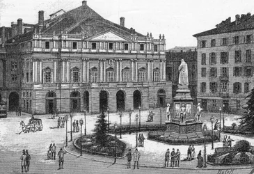 Ansicht des Theaters La Scala in Mailand, Italien. (Teatro alla Scala Milano) Gravur in 