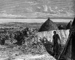 Dorf am Ufer des Albertsees (oder Albertsee), Afrika. Gravur in „Le Journal de la jeunesse“