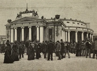 Besucher vor dem Teatro Pompeiano bei den United Exhibitions, Mailand, Italien, Gravur nach einem Foto von Treves Brüder aus L