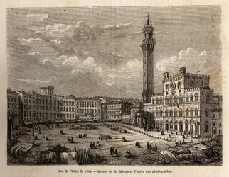 Ansicht des Rathausplatzes von Siena, Gravur zur Illustration einer Reise nach Siena (Italien) 1865, in „Le tour du monde, nouveau journal des voyages“ herausgegeben von Edouard Charton