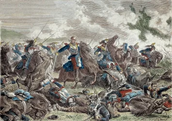 Krieg von 1870: die Schlacht von Froeschwiller-Woerth (oder Schlacht von Reichshoffen) am 06.08.1870, die den Sieg Deutschlands sah - Gravur des 19. Jahrhunderts - Paris, Musée de l