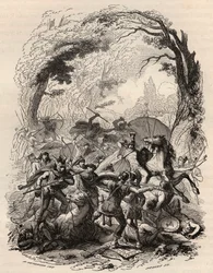 Gallischer Krieg: Schlacht von Aduatuca zwischen dem belgischen Volk der Eburonen und der römischen Armee. Niederlage von Quintus Titurius Sabinus und Lucius Aurunculeius Cotta im Jahr 54 v. Chr. Gravur von 1868 in „Histoire de Belgique von den frühesten Z