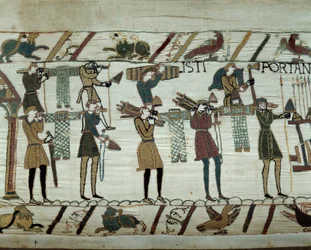 Waffen und Wein werden zu den Schiffen gebracht, während der Nachschub für die Eroberung Englands durch die Flotten von Wilhelm dem Eroberer (1027-1087) im Jahr 1066 Detail des Teppichs von Bayeux oder Stickerei von Königin Mathilde