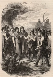 Hochzeitszeremonie bei den Deutschen. Gravur von 1868 in „Histoire de Belgique von den Urzeiten bis zum Ende der Herrschaft von Leopold I“ von Théodore Juste (1818-1888). Privatsammlung.