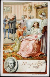 Wolfgang Amadeus Mozart (1756-1791) in den letzten Tagen seines Lebens. Chromolithographie des 19. Jahrhunderts