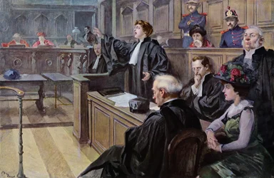 Anwältin plädiert im Schwurgericht (Farblitho)