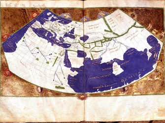 Weltkarte von Claudius Ptolemäus (Claude Ptolemée, 90-168 n. Chr.), griechischer Astronom und Astrologe - Darstellung der flachen Erde ohne Nord- und Südpol und ohne amerikanische Kontinente - 15. Jahrhundert Manuskript - Venedig, Biblioteca Marciana