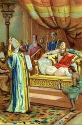 Zarathustra (Zarathustra, Zarathushtra, Zarathustra oder Zoroastra), iranischer Prophet und Religionsreformer (6. Jahrhundert v. Chr.) am Hof des Königs von Bactres. Chromolithographie des 19. Jahrhunderts