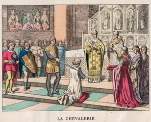 Ritterschlag - La Chivalerie - Weihe eines Ritters - Gravur Ende des 19. Jahrhunderts in „Nos Gires Nationales - Images et récits“