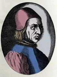 Porträt von Angelo Poliziano (italienischer Humanist 1454-1494) in „Virorum Doctorum effigies“ von Filippo Galli