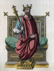 Porträt Ottos I., auch Otto der Große genannt (912-973), Kaiser des Heiligen Römischen Reiches (Otto I. des Heiligen Reiches, Otto der Große; Ottone I di Sassonia, detto Ottone il Grande) - Stich aus „Usi e Costumi di Tutti i Popoli dell