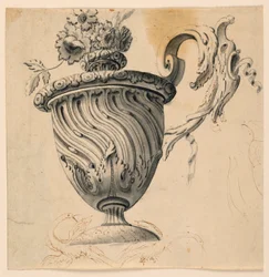 Zeichnung, Deckenmalerei und Blumenvase, ca. 1725–1750