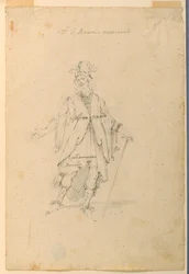 Kostümentwurf: Ein Mann in fantastischer Kleidung für ein Ballett, ca. 1720