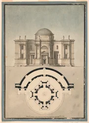 Zeichnung, Entwurf für einen klassischen Tempel mit Tempietto und halbkreisförmigem Ädikula, ca. 1780